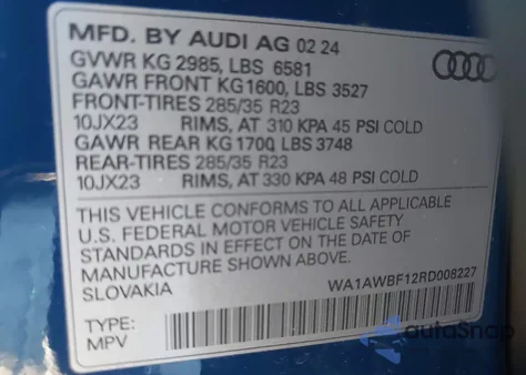 2024 Audi Sq8 Premium Plus 4.0 Tfsi Quattro z USA, uszkodzony, nr VIN WA1AWBF12RD008227